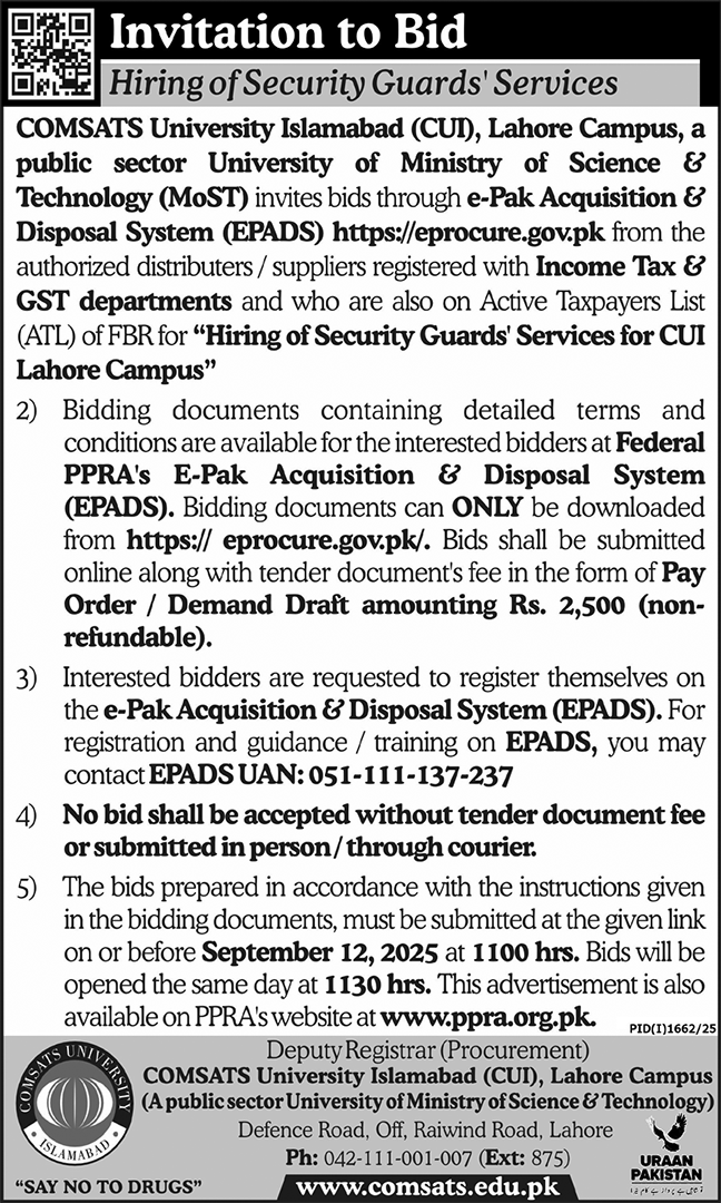 COMSATS Institute Islamabad Tender Notice